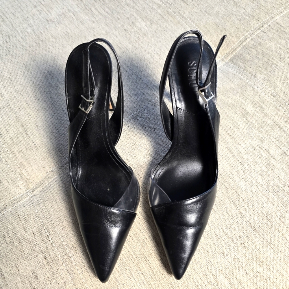 Schutz • Emma Black Leather and Clear Vinyl Pointed-Toe Slingback Pumps Sz 8 - Picture 2 of 11